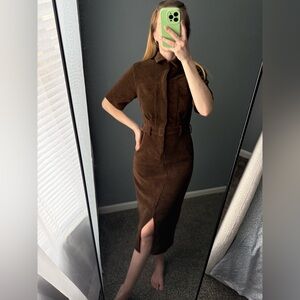 Sage The Label Midi Dress XS Brown Ribbed Belted Shirt Dress Short Sleeve Fitted